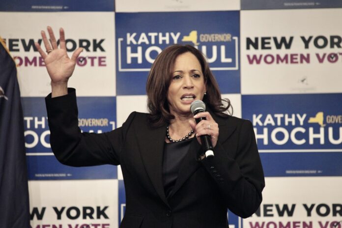 US Vice President Harris delivers remarks at Barnard College with Governor Hochul in New York.