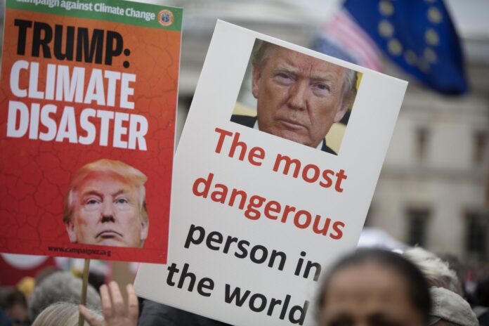LONDON, UK - June 4th 2019: Large crowds of protesters gather in central London to demonstrate against President Trump's state visit to the UK