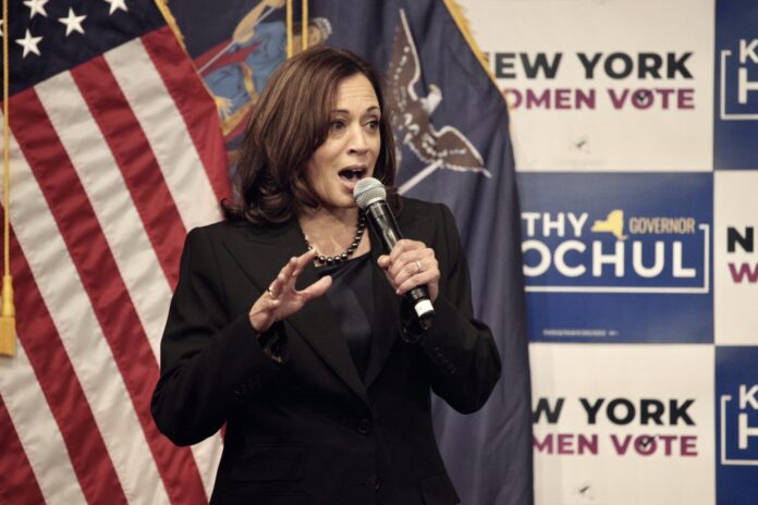 US Vice President Harris delivers remarks at Barnard College with Governor Hochul in New York.