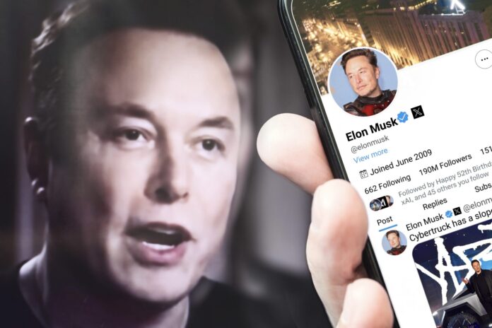 Ukraine. Poltava. July 17, 2024. Elon Musk profile on a smartphone screen. New tweet with text The Cybertruck has a sloped roof... just sayin'.