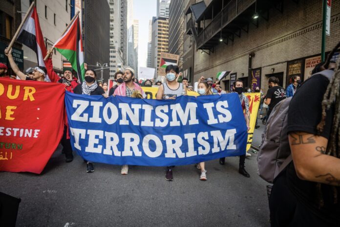 NEW YORK, UNITED STATES - May 15, 2021: Pro-Palestine, anti-Israel protest in New York during Gaza war