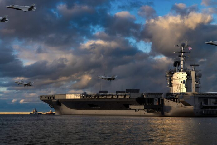 Lockheed Martin F-35 fighters operating from an aircraft carrier