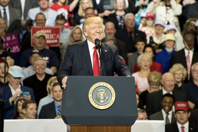 Louisville, Kentucky – March 20, 2017: President Donald J. Trump addresses a crowd at a rally inside Freedom Hall in Louisville, Kentucky, on March 20, 2017.