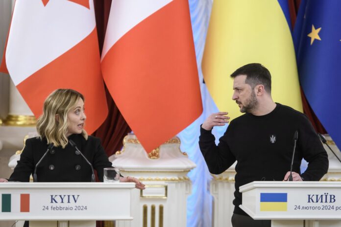 Italian Prime Minister Giorgia Meloni is attending a joint press conference with Ukraine's President Volodymyr Zelenskiy in Kyiv, Ukraine