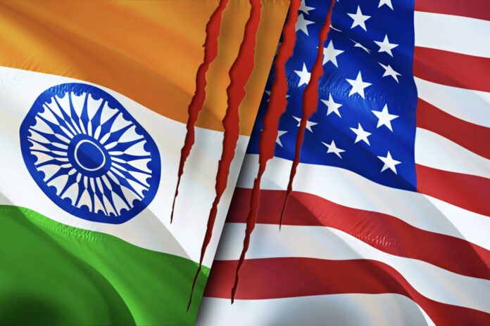 India and USA flags with scar concept. Waving flag,3D rendering. India and USA conflict concept. India USA relations concept. flag of India and USA crisis,war, attack concept