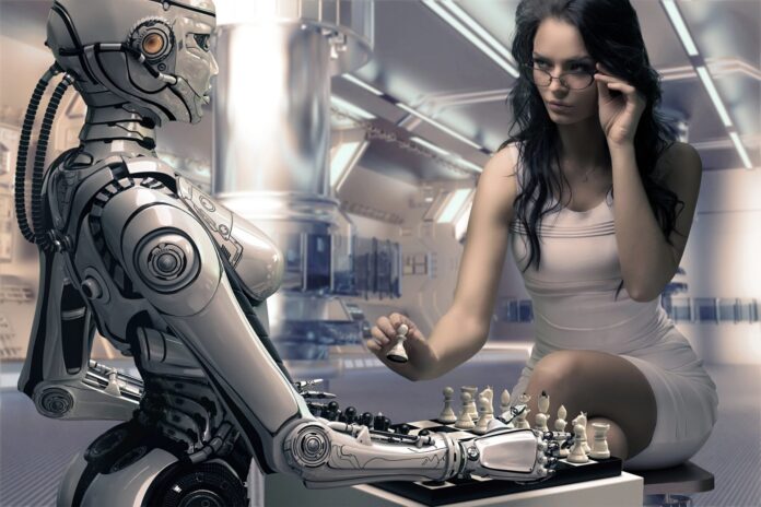 Woman Playing Chess with Fembot Robot